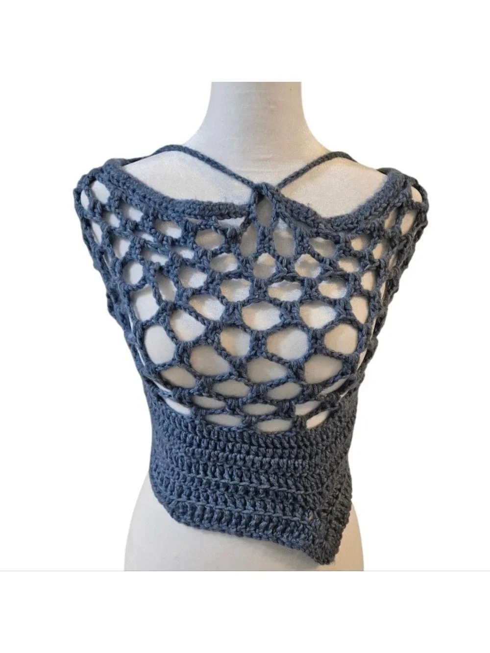 Handmade 4 ways Crochet  Summer Top One-of-a-kind Blue Fishnet Bikini Crop-Top